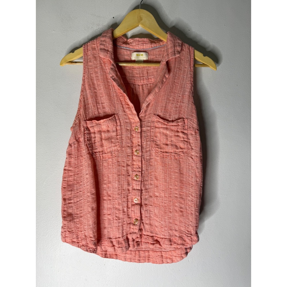 MAEVE ANTHROPOLOGIE Coral Linen Cotton Button Down Sleeveless Top size 14